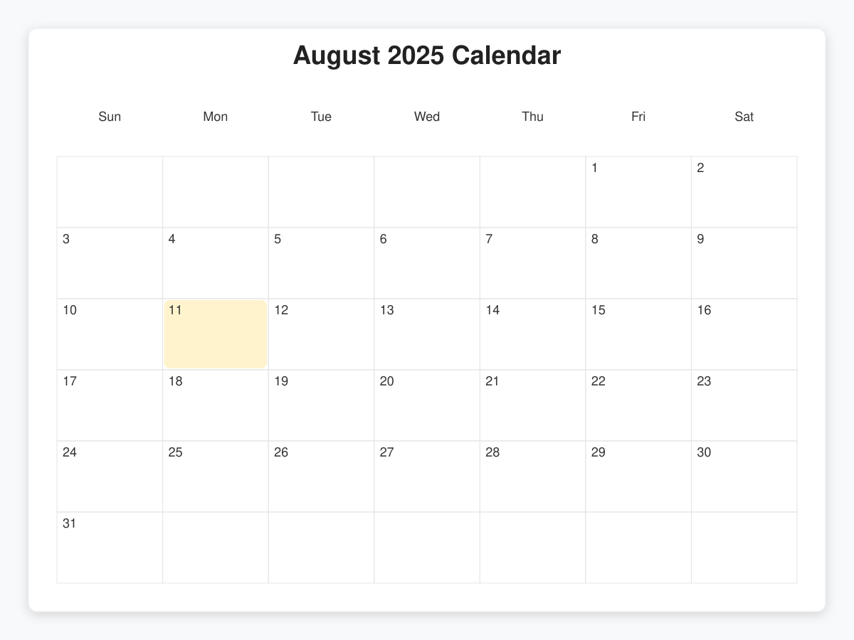 August 2025 Calendar