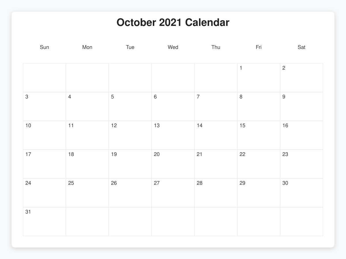 October 2021 Calendar