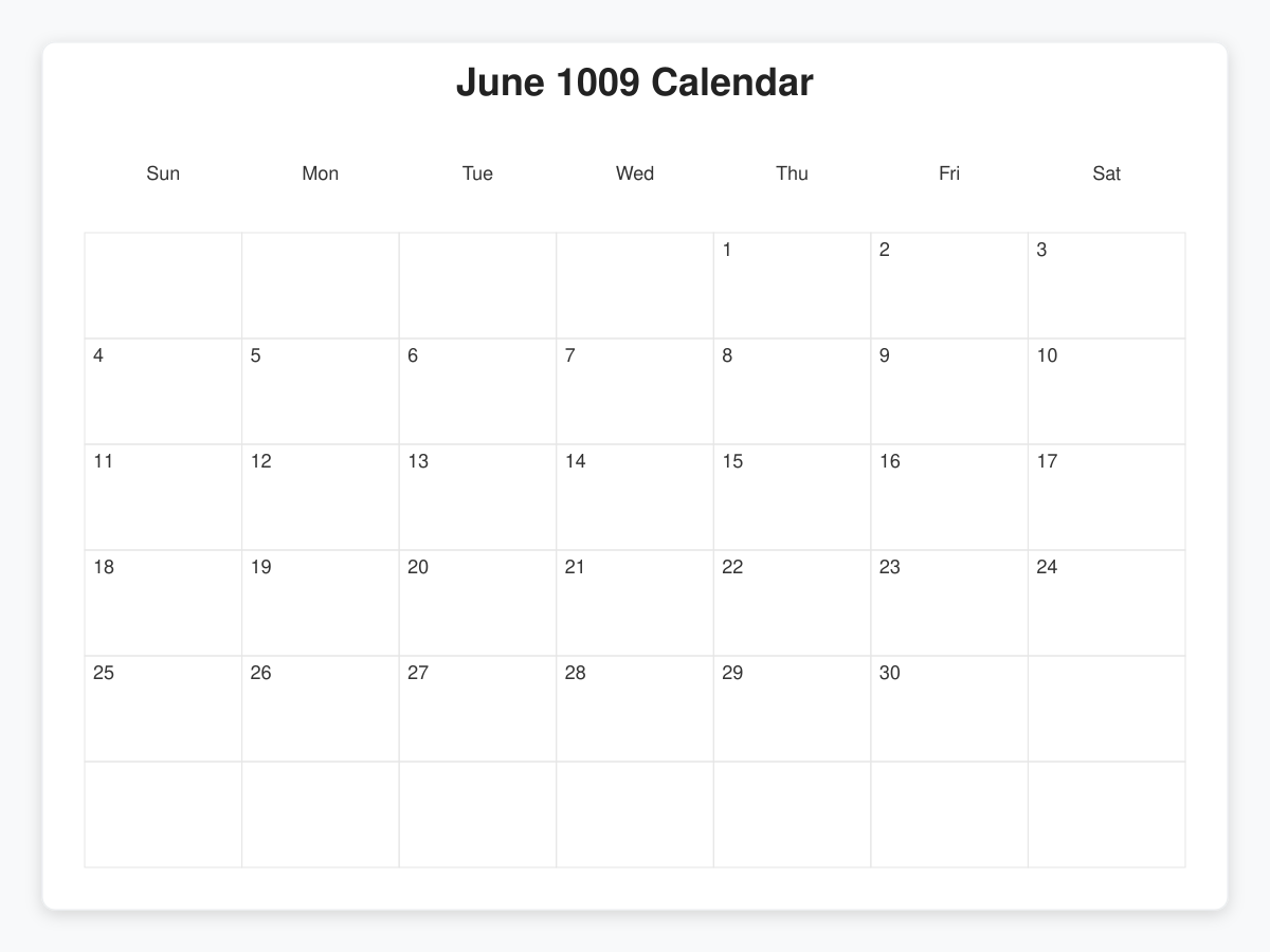 Printable June 1009 Calendars