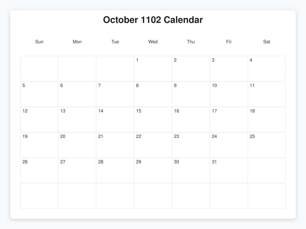 Printable October 1102 Calendars