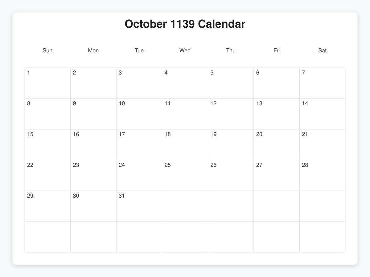 Printable October 1139 Calendars