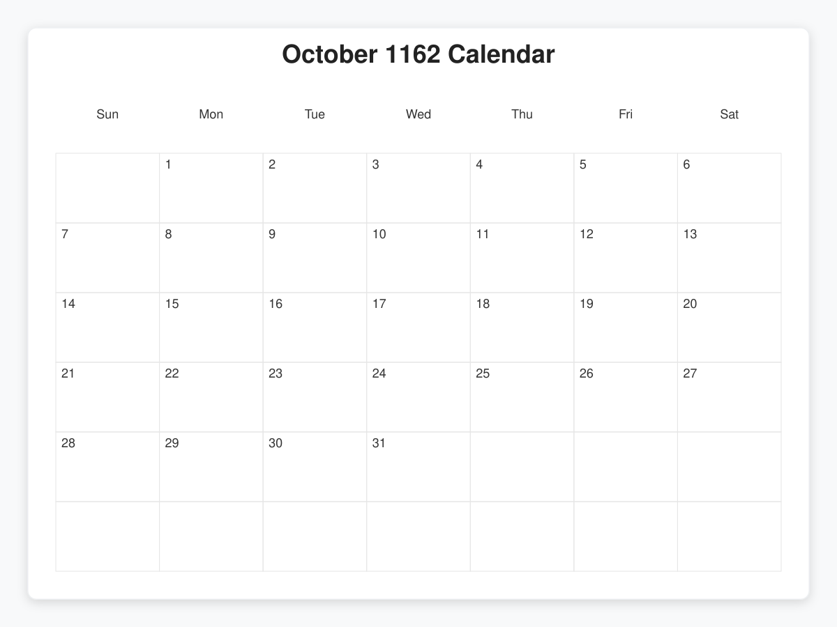 Printable October 1162 Calendars