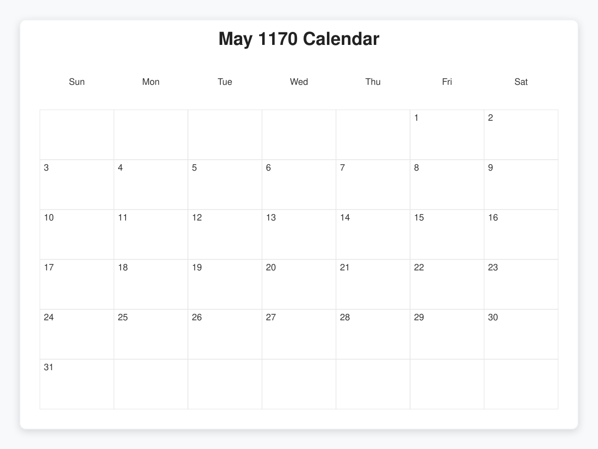 Printable May 1170 Calendars