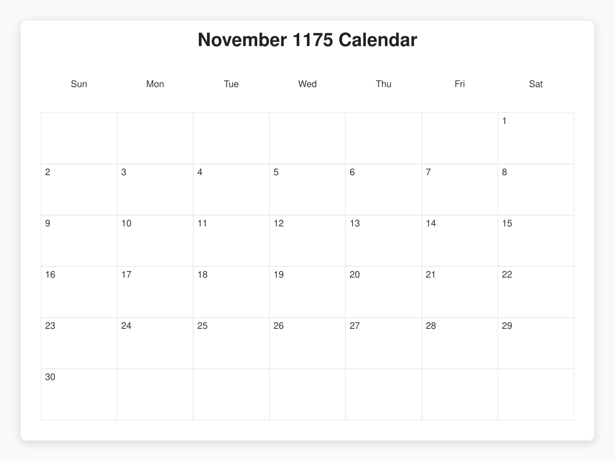 Printable November 1175 Calendars