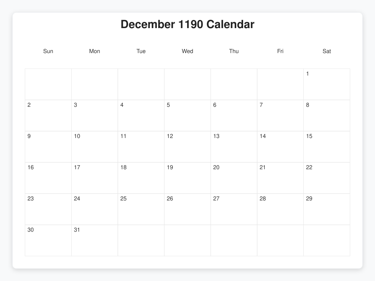 Printable December 1190 Calendars