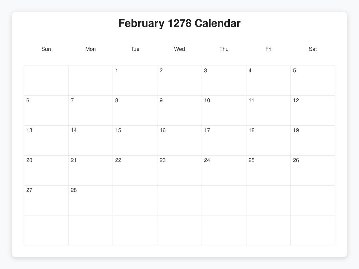 Printable January 1278 Calendars