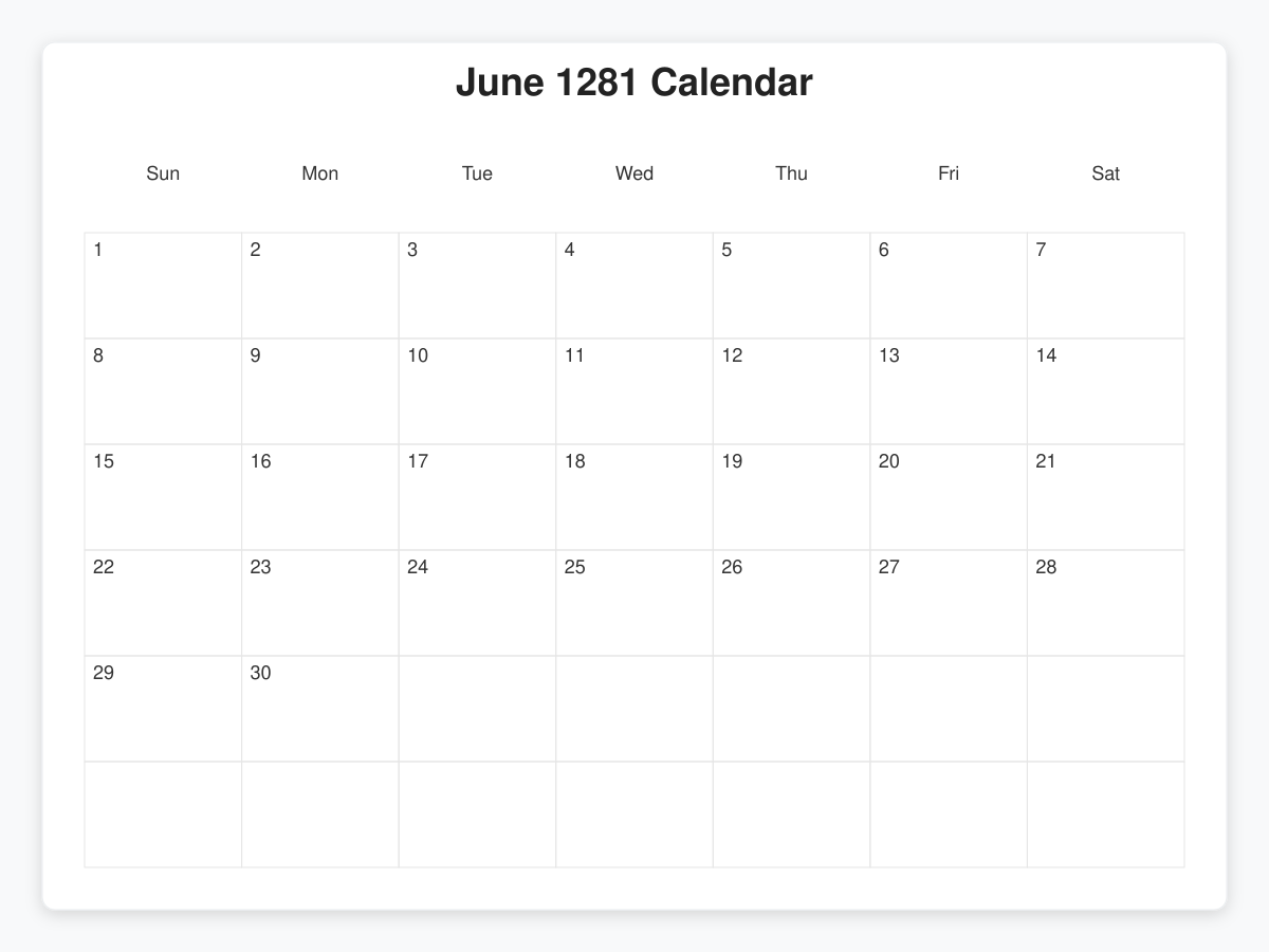 Printable June 1281 Calendars