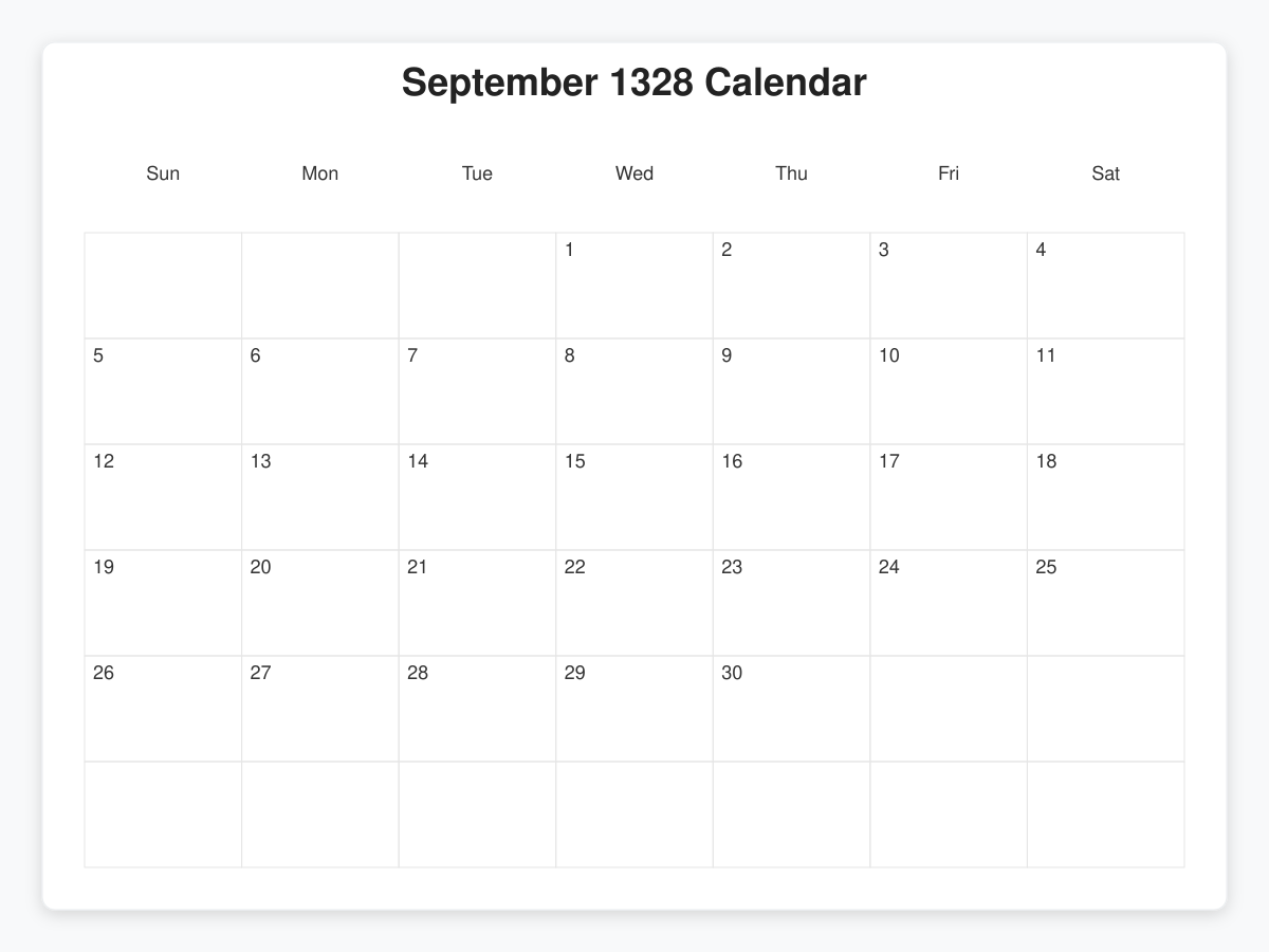 Printable September 1328 Calendars