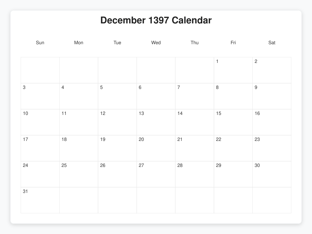 Printable December 1397 Calendars