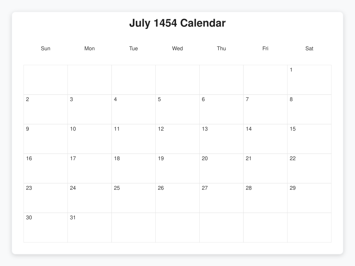 Printable July 1454 Calendars