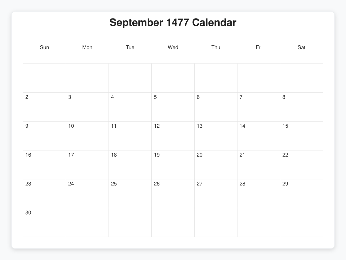 Printable September 1477 Calendars