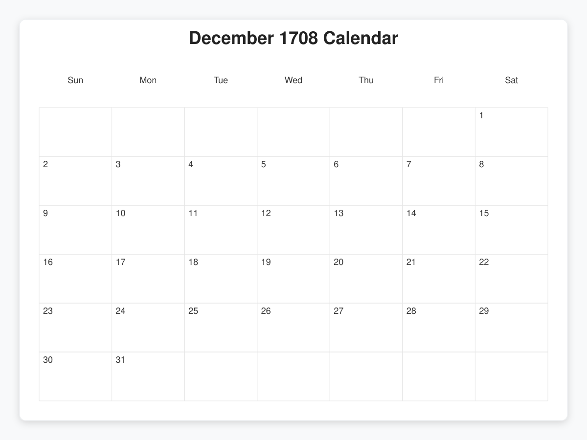 Printable December 1708 Calendars