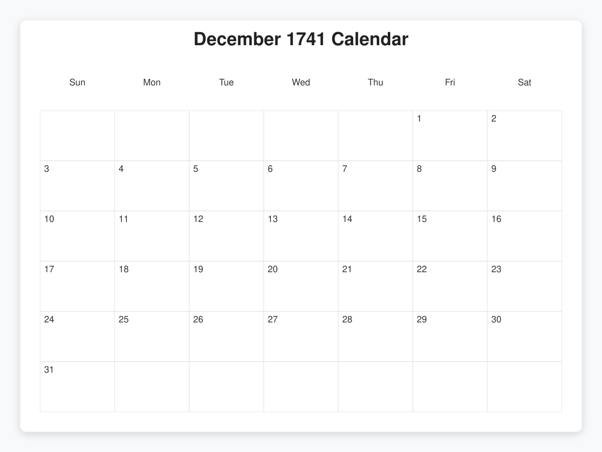 Printable December 1741 Calendars