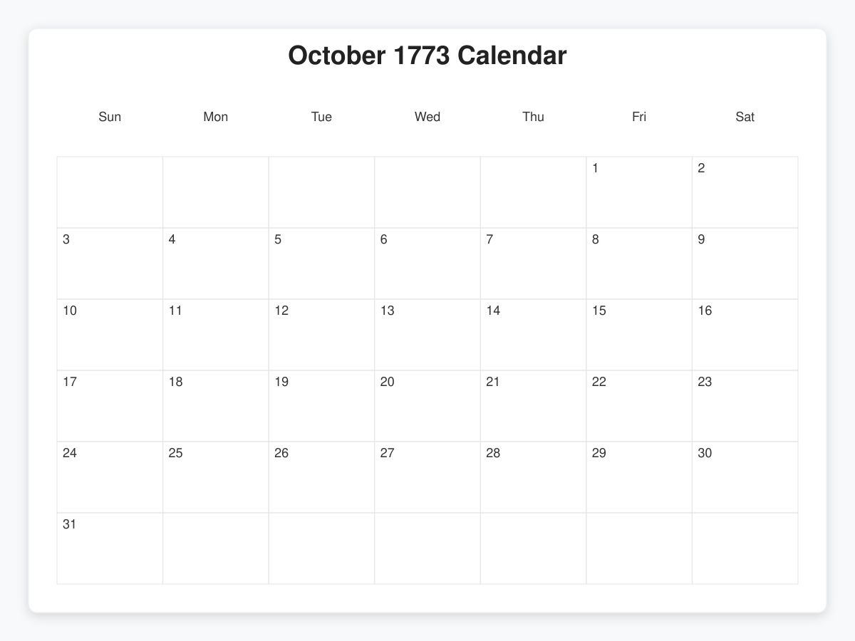 Printable October 1773 Calendars