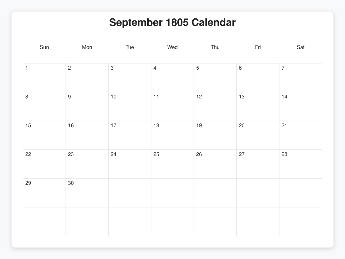 Printable September 1805 Calendars
