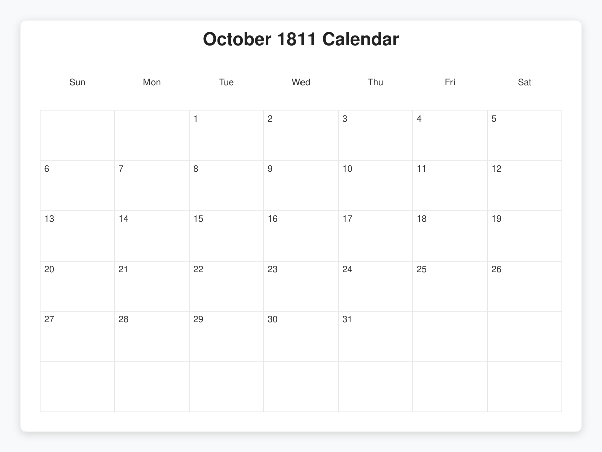 Printable October 1811 Calendars