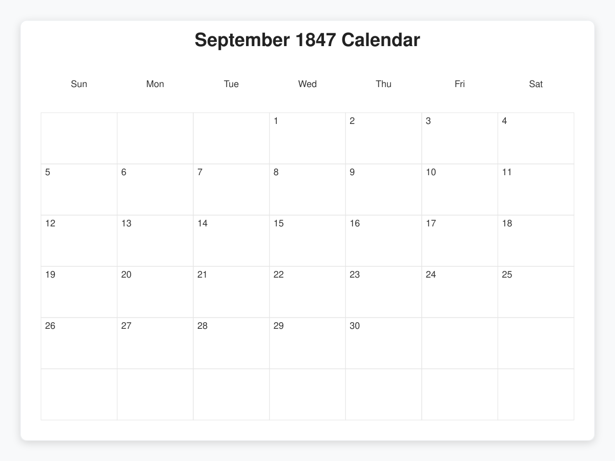 Printable September 1847 Calendars