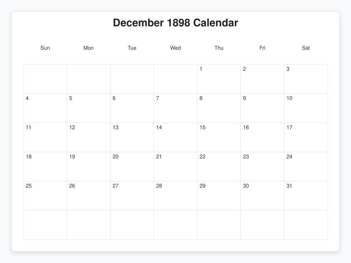Printable December 1898 Calendars