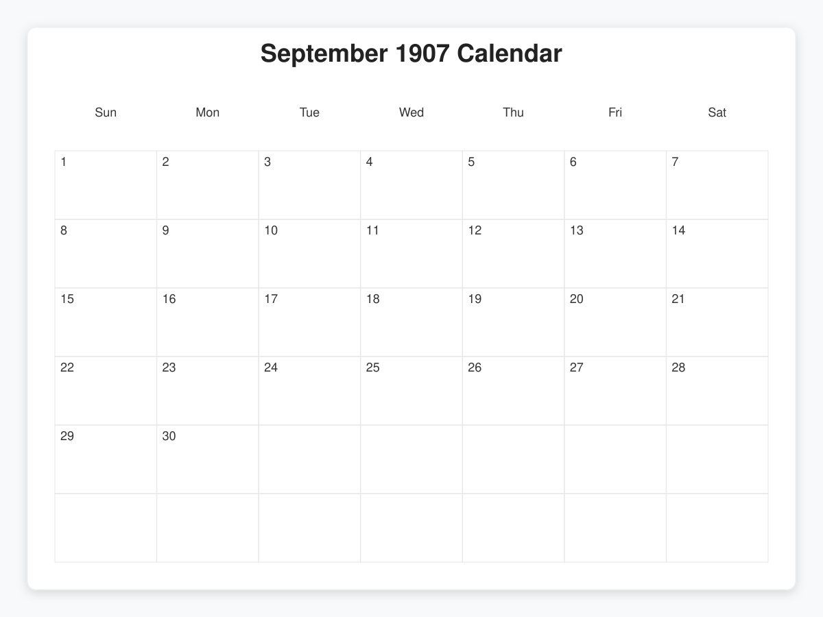 Printable September 1907 Calendars