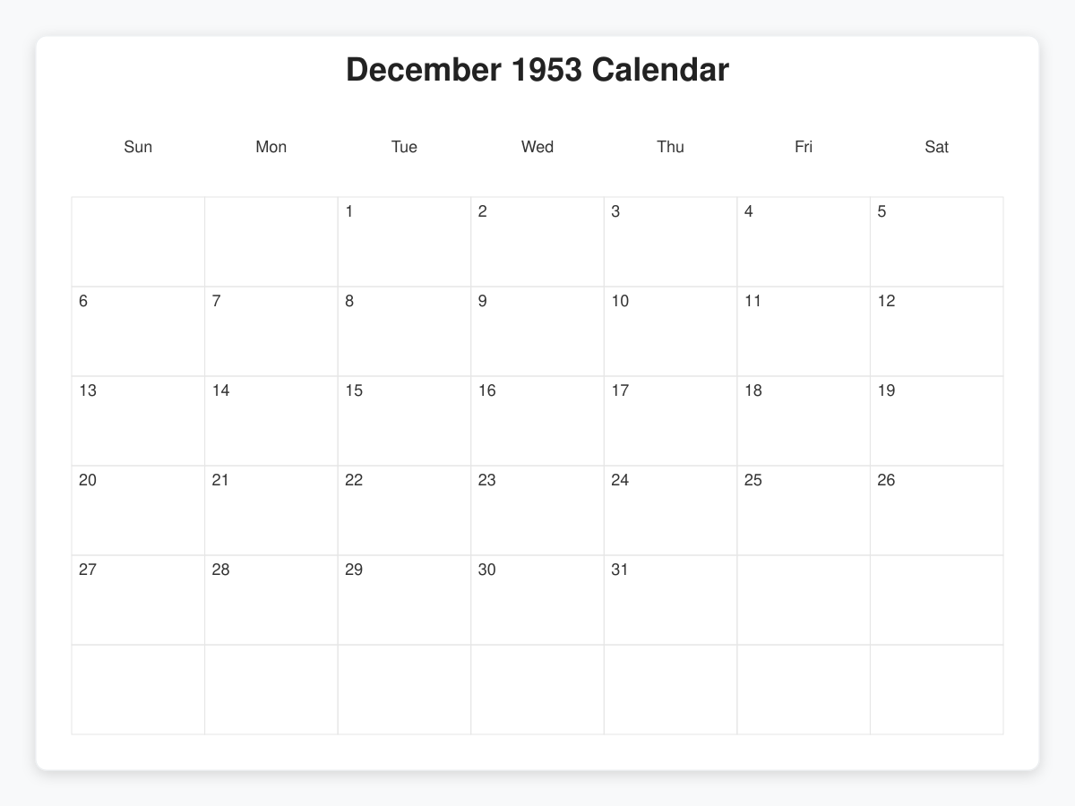 Printable December 1953 Calendars