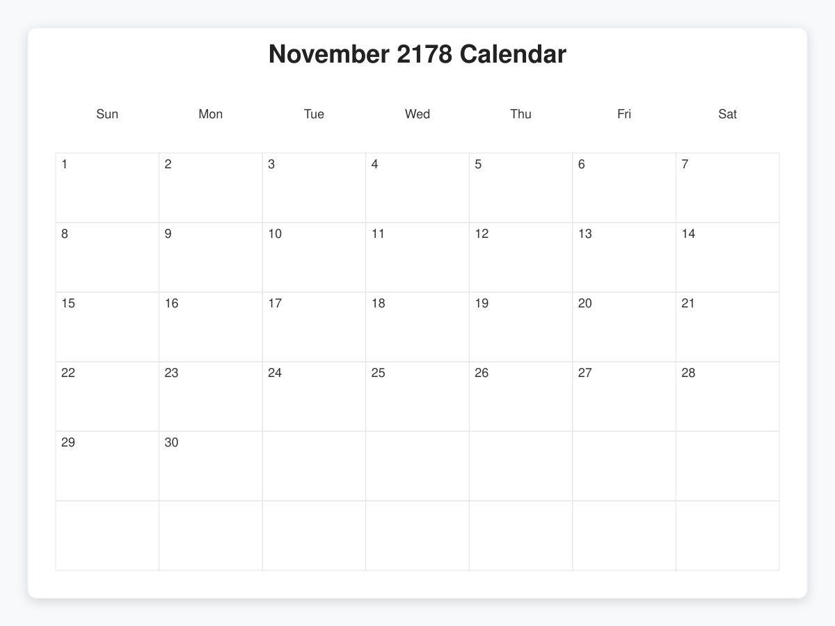 Printable November 2178 Calendars