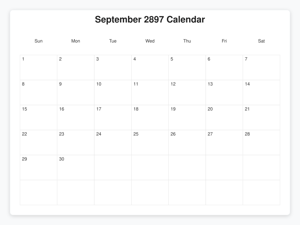 Printable September 2897 Calendars