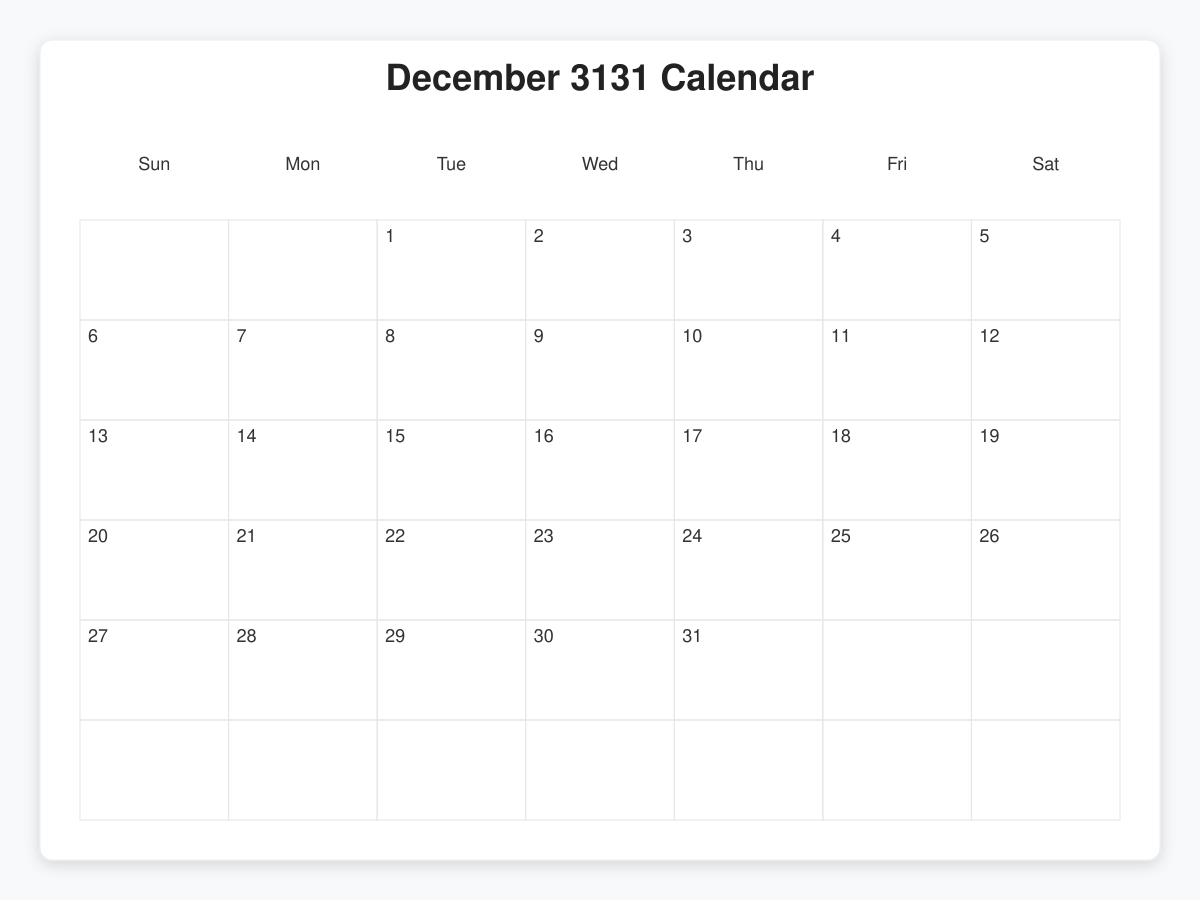 Printable December 3131 Calendars