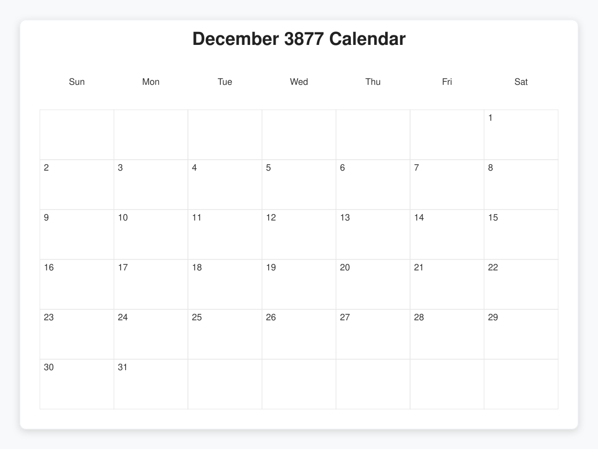Printable December 3877 Calendars