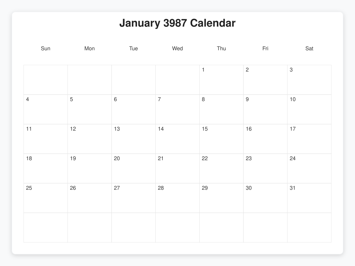 Printable January 3987 Calendars