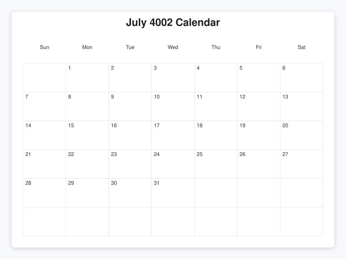 Printable July 4002 Calendars