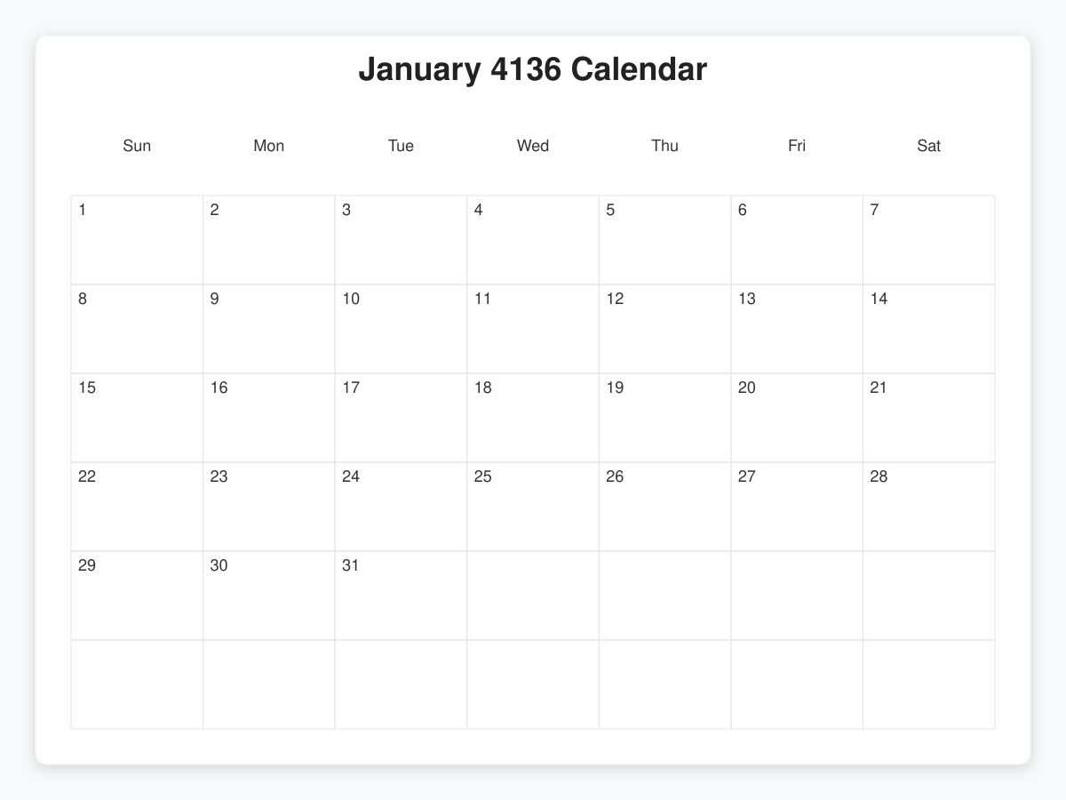 Printable January 4136 Calendars