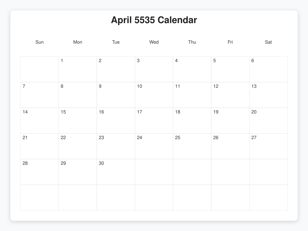 Printable April 5535 Calendars