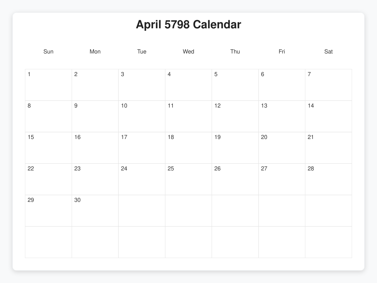 Printable April 5798 Calendars