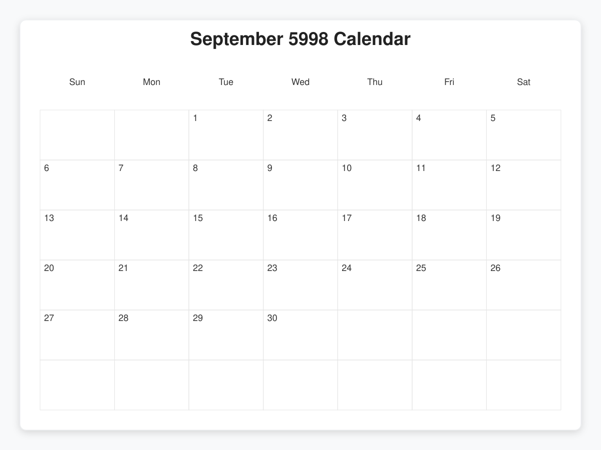 Printable September 5998 Calendars