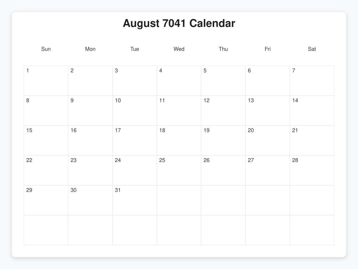 Printable August 7041 Calendars
