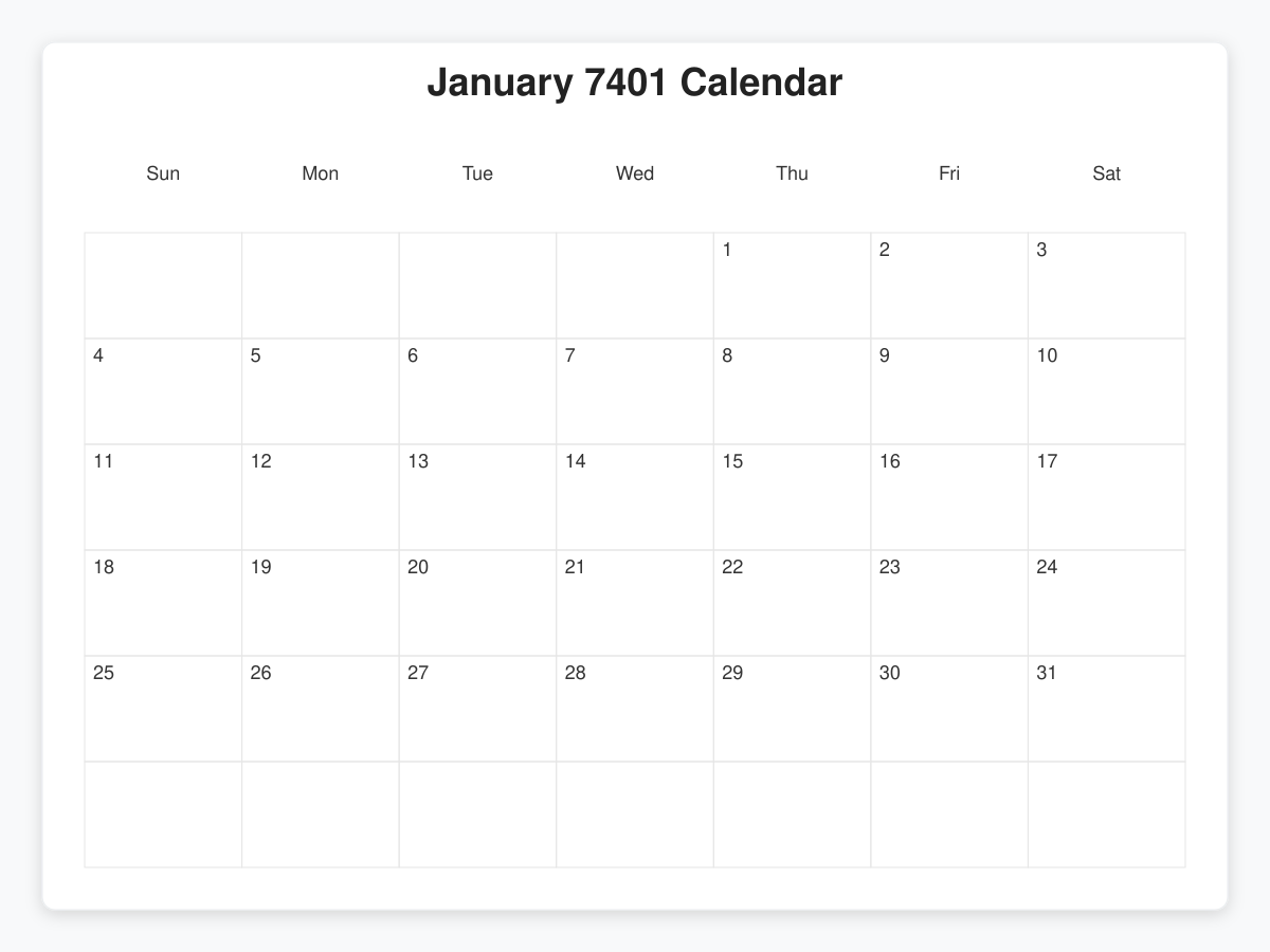 Printable January 7401 Calendars