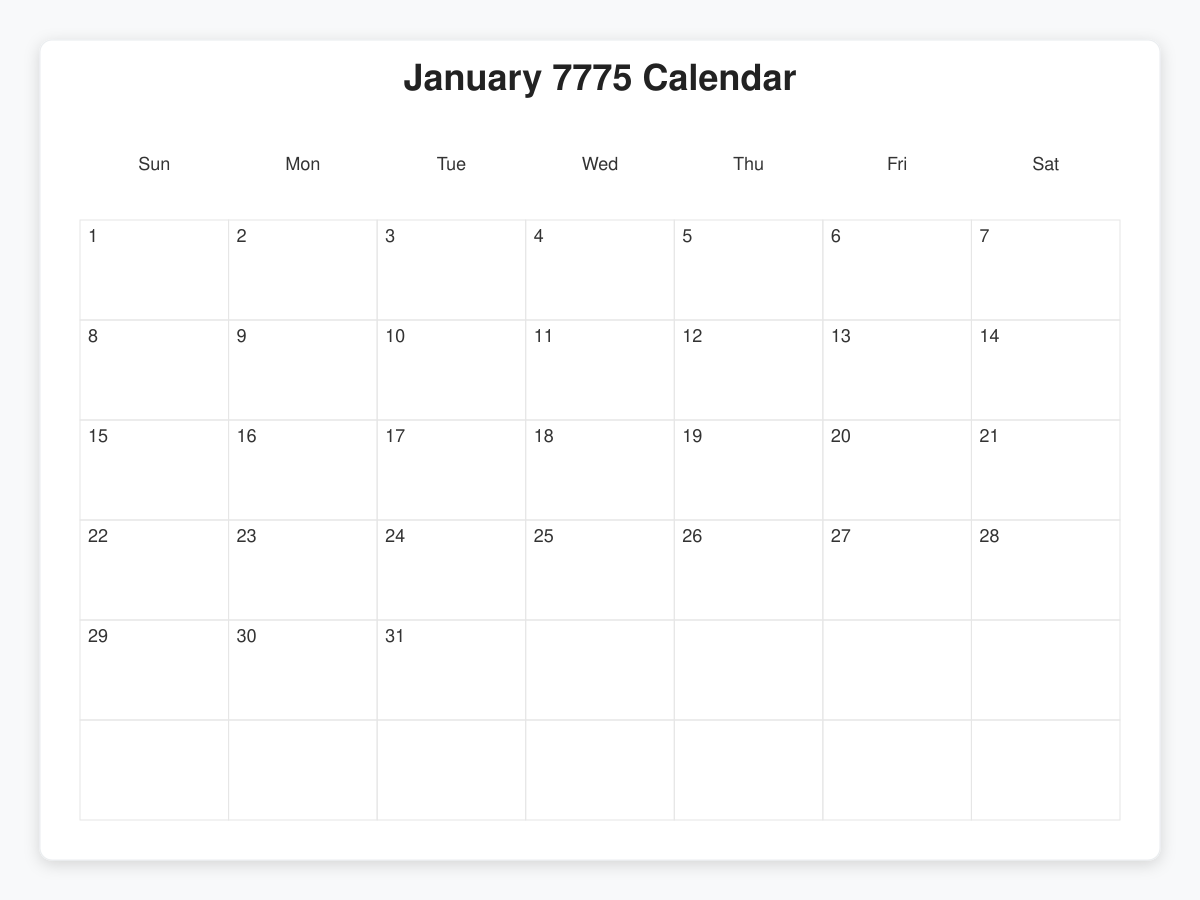 Printable January 7775 Calendars