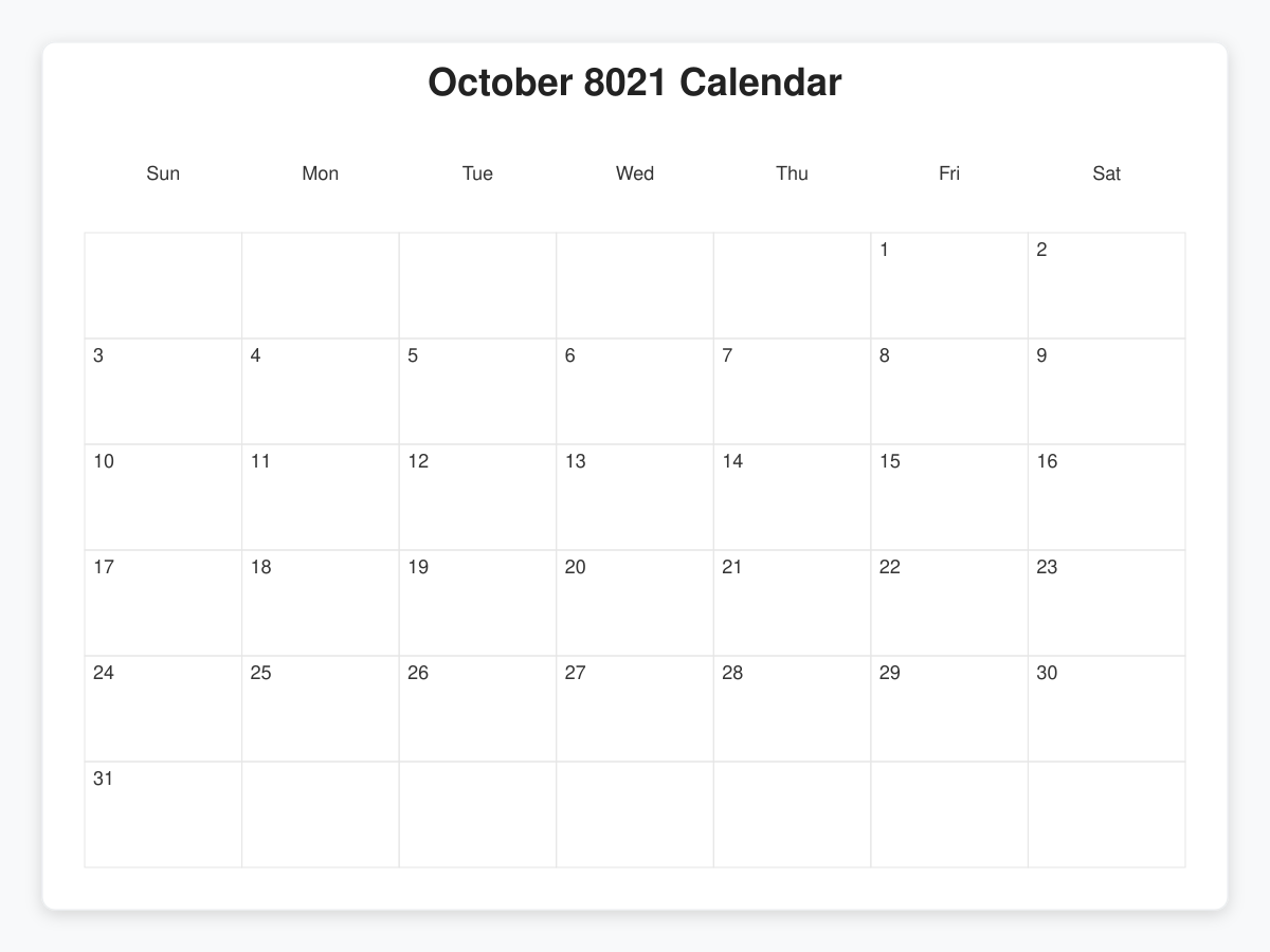 Printable October 8021 Calendars