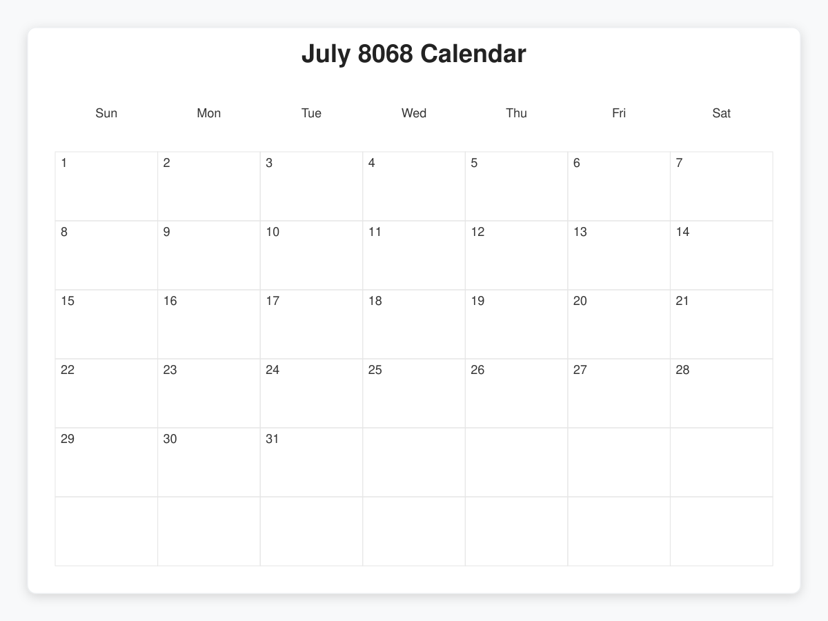 Printable July 8068 Calendars