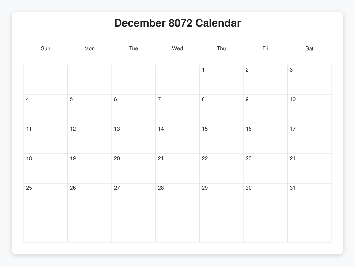 Printable December 8072 Calendars