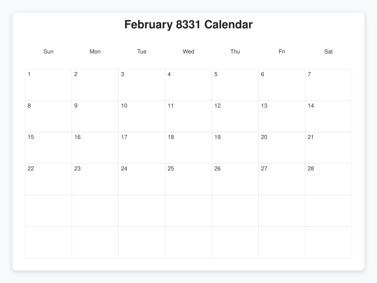 Printable February 8331 Calendars