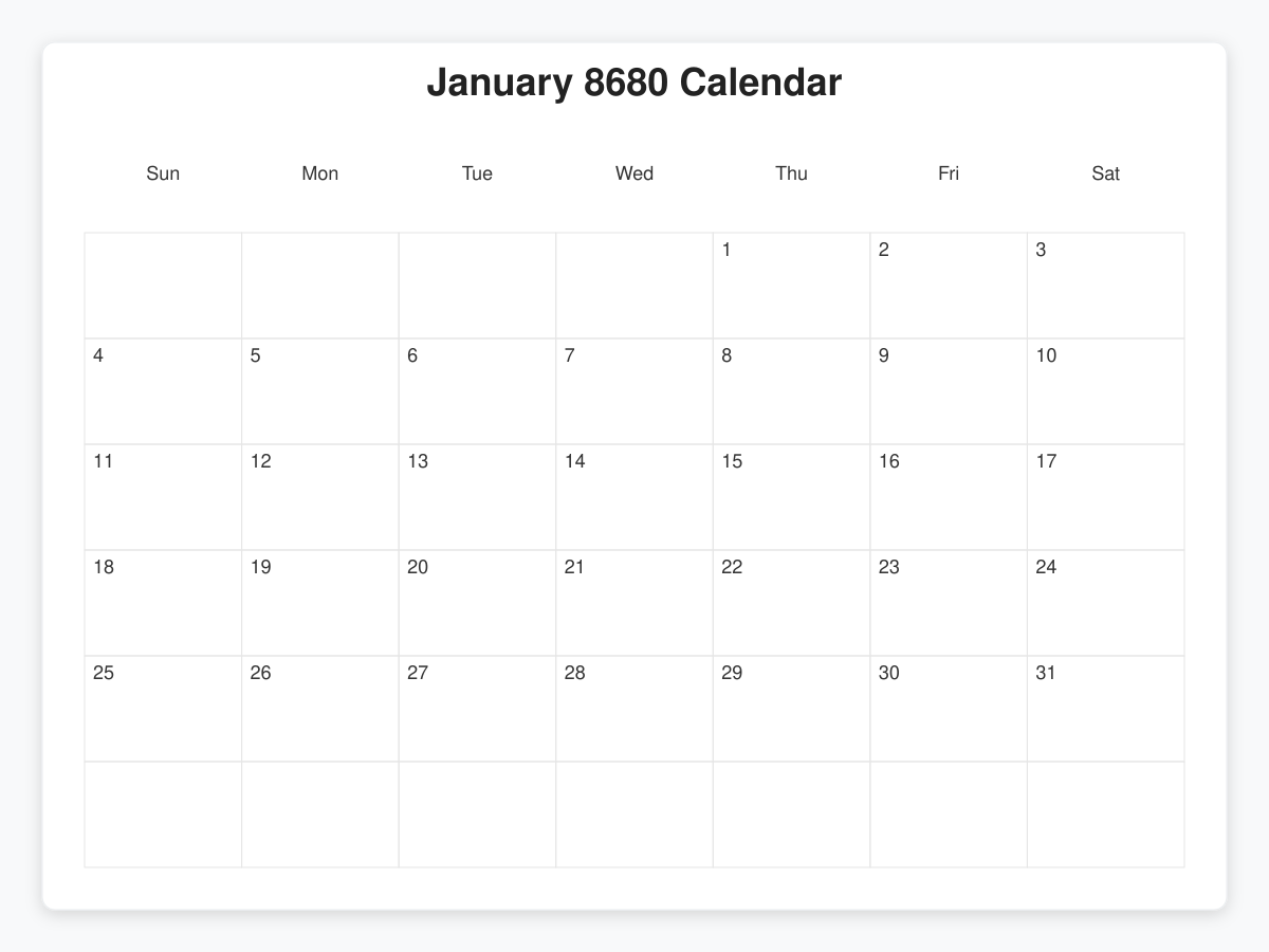 Printable January 8680 Calendars