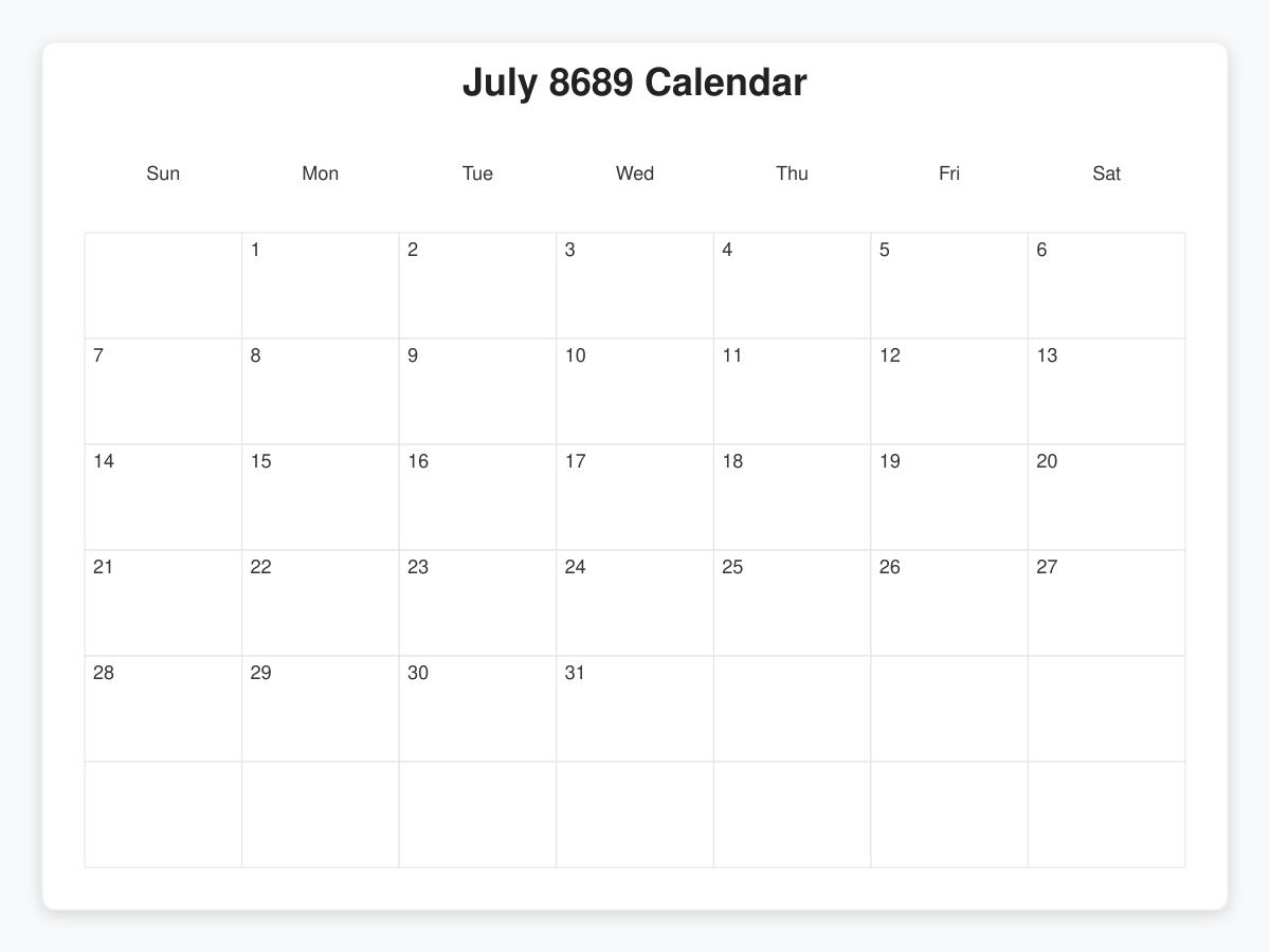 Printable July 8689 Calendars