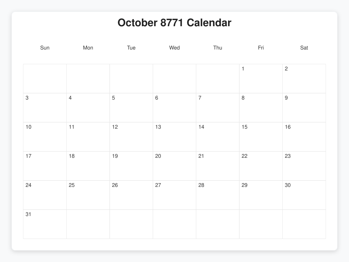 Printable October 8771 Calendars