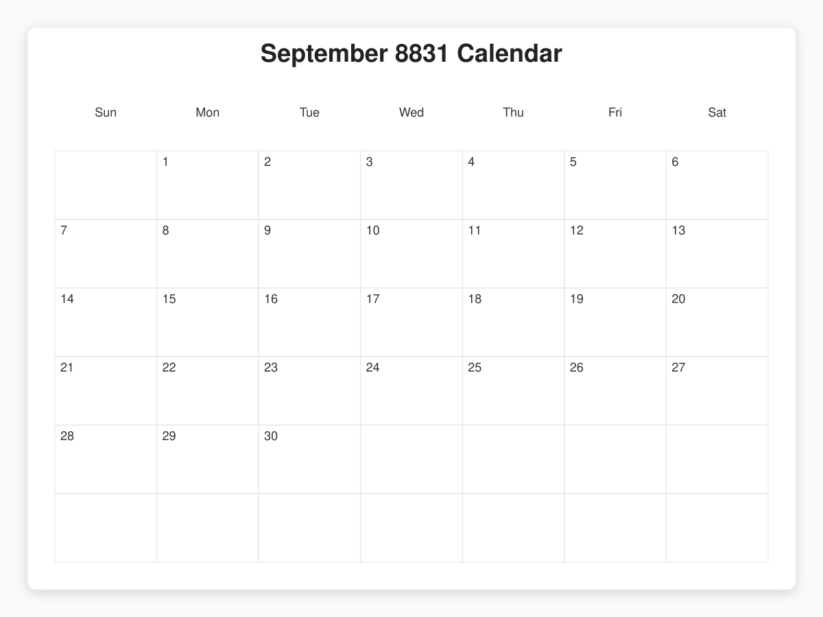 Printable September 8831 Calendars