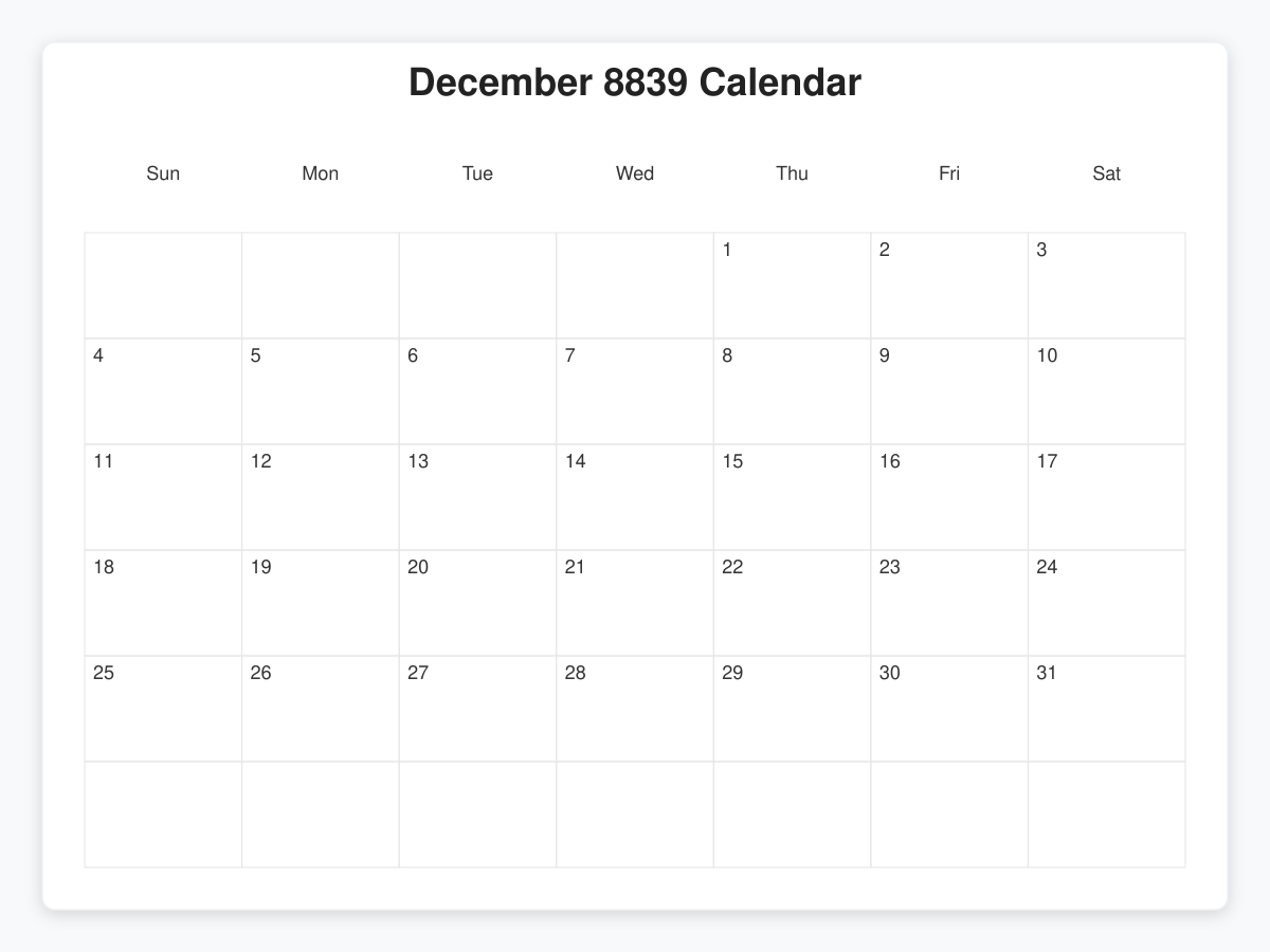 Printable December 8839 Calendars