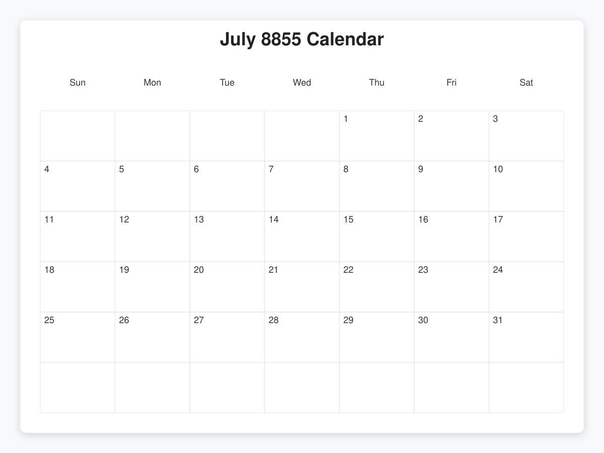 Printable July 8855 Calendars