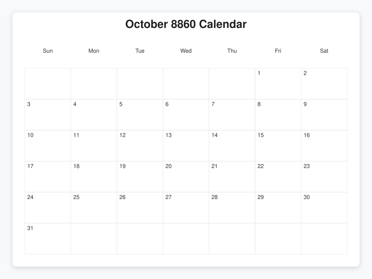 Printable October 8860 Calendars