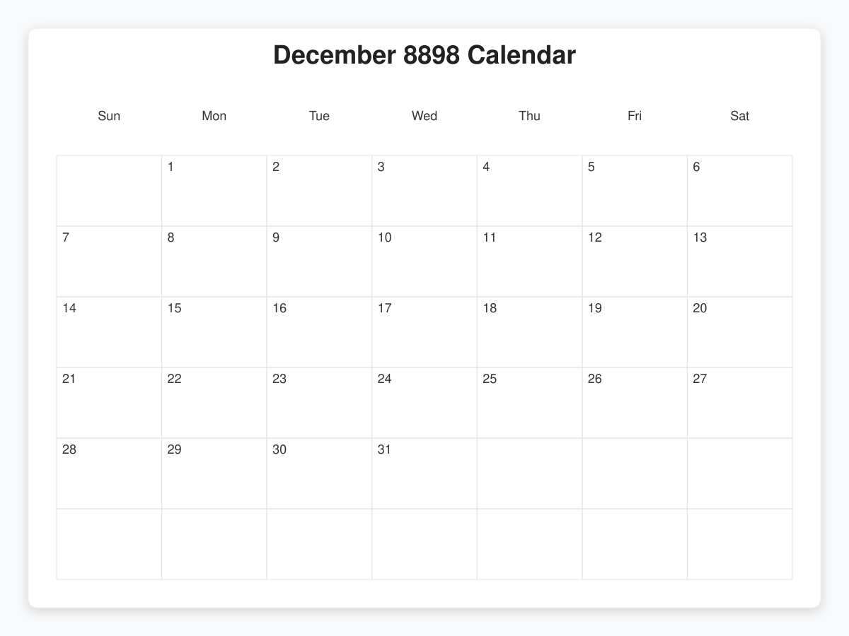Printable December 8898 Calendars