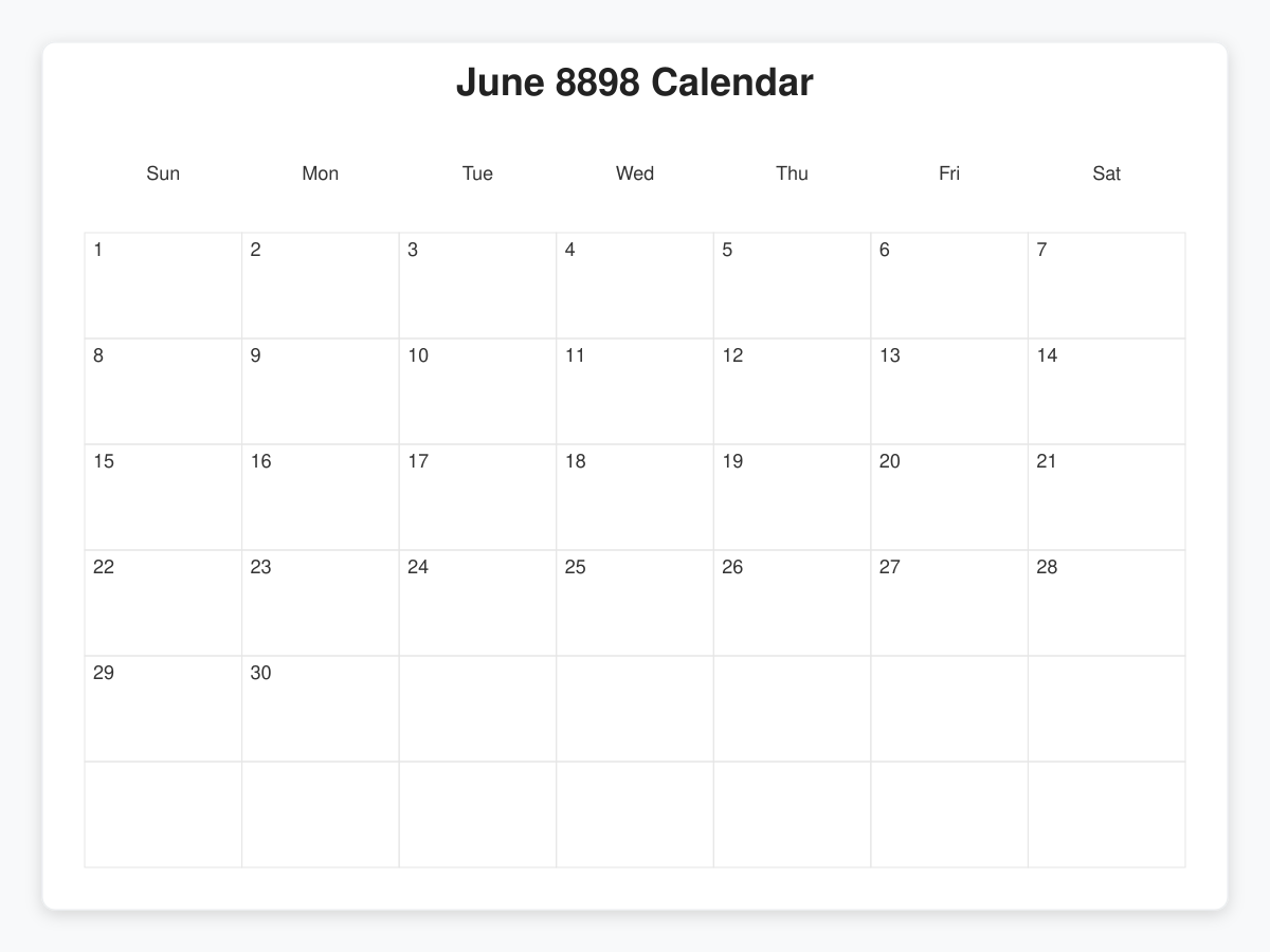 Printable June 8898 Calendars